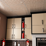 **

A modern Middle Eastern home interior. Focus on fire safety elements: a clearly visible and well-maintained fire extinguisher mounted on the wall, a smoke detector on the ceiling, and proper storage of flammable liquids (like cleaning supplies) in a secure cabinet. The scene should feel realistic and reassuring, emphasizing a proactive approach to fire prevention.

**
