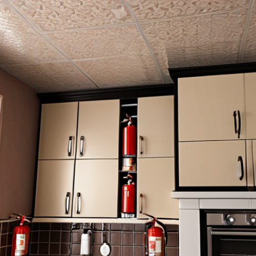 Home 15 **
A modern Middle Eastern home interior. Focus on fire safety elements: a clearly visible and well-maintained fire extinguisher mounted on the wall, a smoke detector on the ceiling, and proper storage of flammable liquids (like cleaning supplies) in a secure cabinet. The scene should feel realistic and reassuring, emphasizing a proactive approach to fire prevention.
**