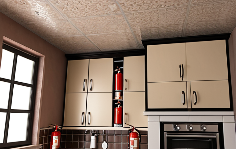 **
A modern Middle Eastern home interior. Focus on fire safety elements: a clearly visible and well-maintained fire extinguisher mounted on the wall, a smoke detector on the ceiling, and proper storage of flammable liquids (like cleaning supplies) in a secure cabinet. The scene should feel realistic and reassuring, emphasizing a proactive approach to fire prevention.
**