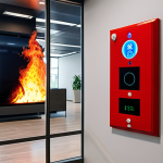 **

A modern building interior with smart fire alarm systems displayed on a screen, showcasing proactive fire analysis. Emphasize technology integration and prevention.

**