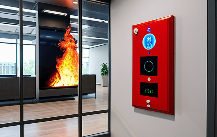 **
A modern building interior with smart fire alarm systems displayed on a screen, showcasing proactive fire analysis. Emphasize technology integration and prevention.
**