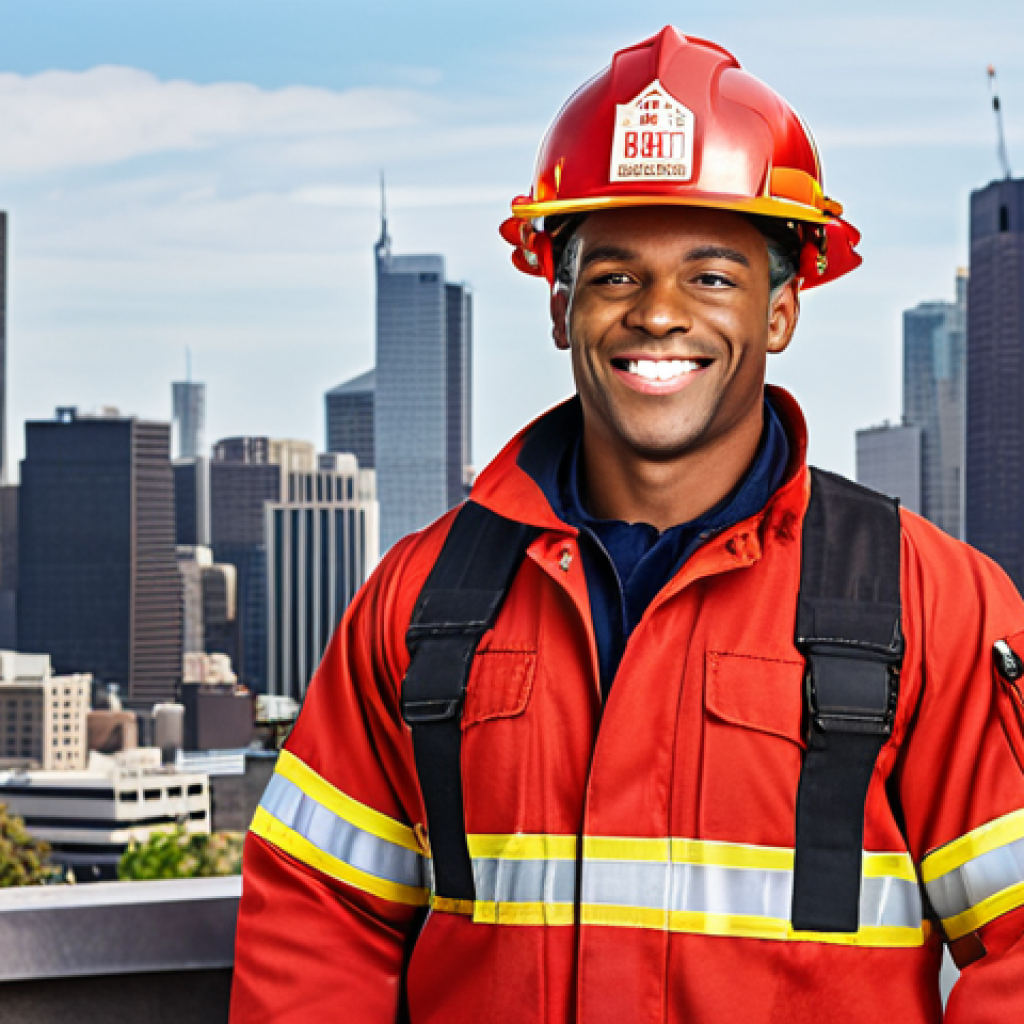 ** A proud fire safety technician in uniform, smiling, with a city skyline in the background, symbolizing career opportunities.

**