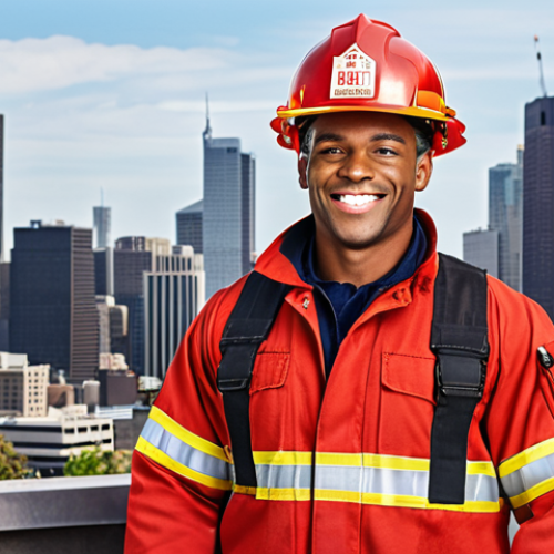 Home 7 ** A proud fire safety technician in uniform, smiling, with a city skyline in the background, symbolizing career opportunities.
**