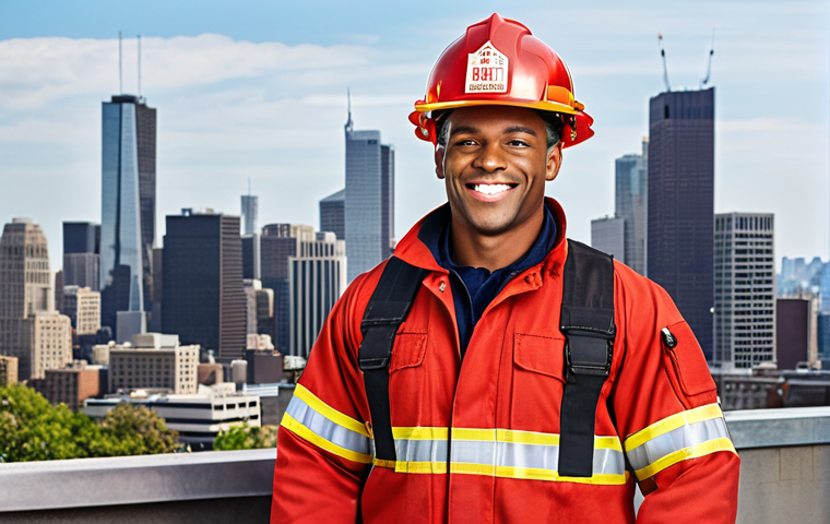 ** A proud fire safety technician in uniform, smiling, with a city skyline in the background, symbolizing career opportunities.
**