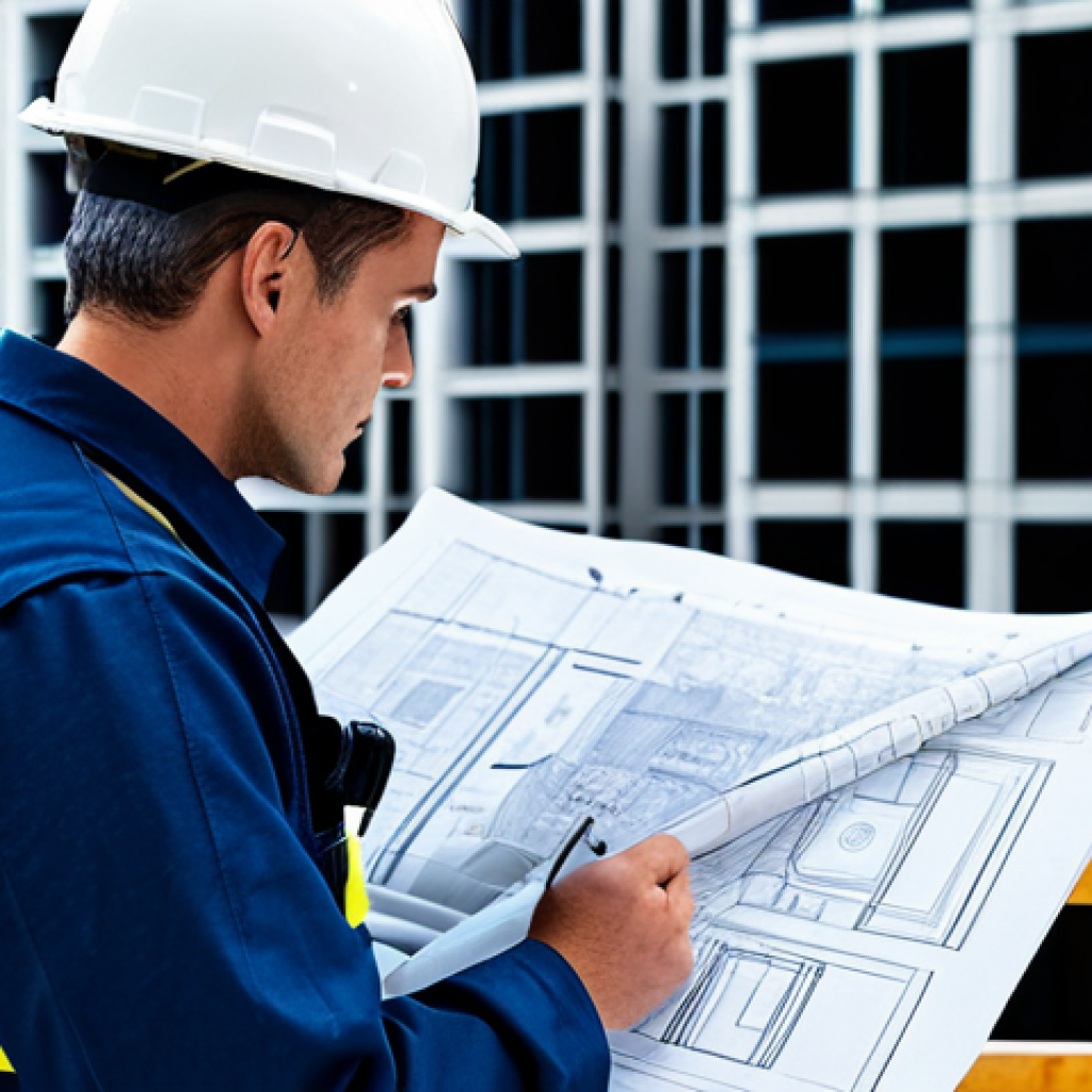 A professional fire safety engineer in a modest, dark blue safety uniform, meticulously examining complex blueprints and digital schematics for a large, modern high-rise building. The background features a clean construction site with partially built structures, emphasizing precision and attention to detail. The atmosphere is serious and focused, conveying deep understanding and dedication to safety. Professional photography, high resolution, detailed, realistic lighting, sharp focus, safe for work, appropriate content, fully clothed, professional dress, perfect anatomy, correct proportions, natural pose, well-formed hands, proper finger count, natural body proportions.