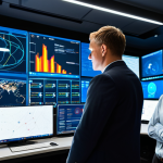 A diverse team of professional fire safety engineers and data analysts in a sophisticated, modern fire safety command center. Large holographic screens display real-time sensor data, AI-driven predictive analytics, complex IoT network maps, and incident response dashboards. Individuals are observing data, collaborating, and pointing at interactive displays, demonstrating intense focus and proactive monitoring. Fully clothed, professional business attire, modest clothing, appropriate attire, natural pose, correct proportions, well-formed hands, proper finger count, natural body proportions. Professional photography, high-resolution, cinematic lighting, state-of-the-art technology, safe for work, appropriate content, family-friendly.
