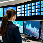 A diverse team of professional fire safety engineers, fully clothed in modern, professional business attire, are observing large, holographic displays in a high-tech, state-of-the-art fire safety control center. The multiple screens show intricate, real-time data visualizations of building schematics, sensor readings, and predictive AI models for fire risk analysis. The atmosphere is calm and focused, with sleek, clean architecture and ambient lighting, emphasizing proactive fire management and integrated smart systems. safe for work, appropriate content, fully clothed, professional, perfect anatomy, correct proportions, natural pose, well-formed hands, proper finger count, natural body proportions, high-quality professional photography, ultra-realistic.
