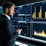 A professional male technician, fully clothed in a modest, dark business suit, intently observing large holographic screens displaying real-time fire safety data, predictive analytics graphs, and detailed building schematics in a modern, well-lit control room. The environment is high-tech and organized, with a clean aesthetic. The pose is natural and focused. Professional photography, high resolution, sharp focus, perfect anatomy, correct proportions, well-formed hands, proper finger count, natural body proportions, safe for work, appropriate content, fully clothed, professional.