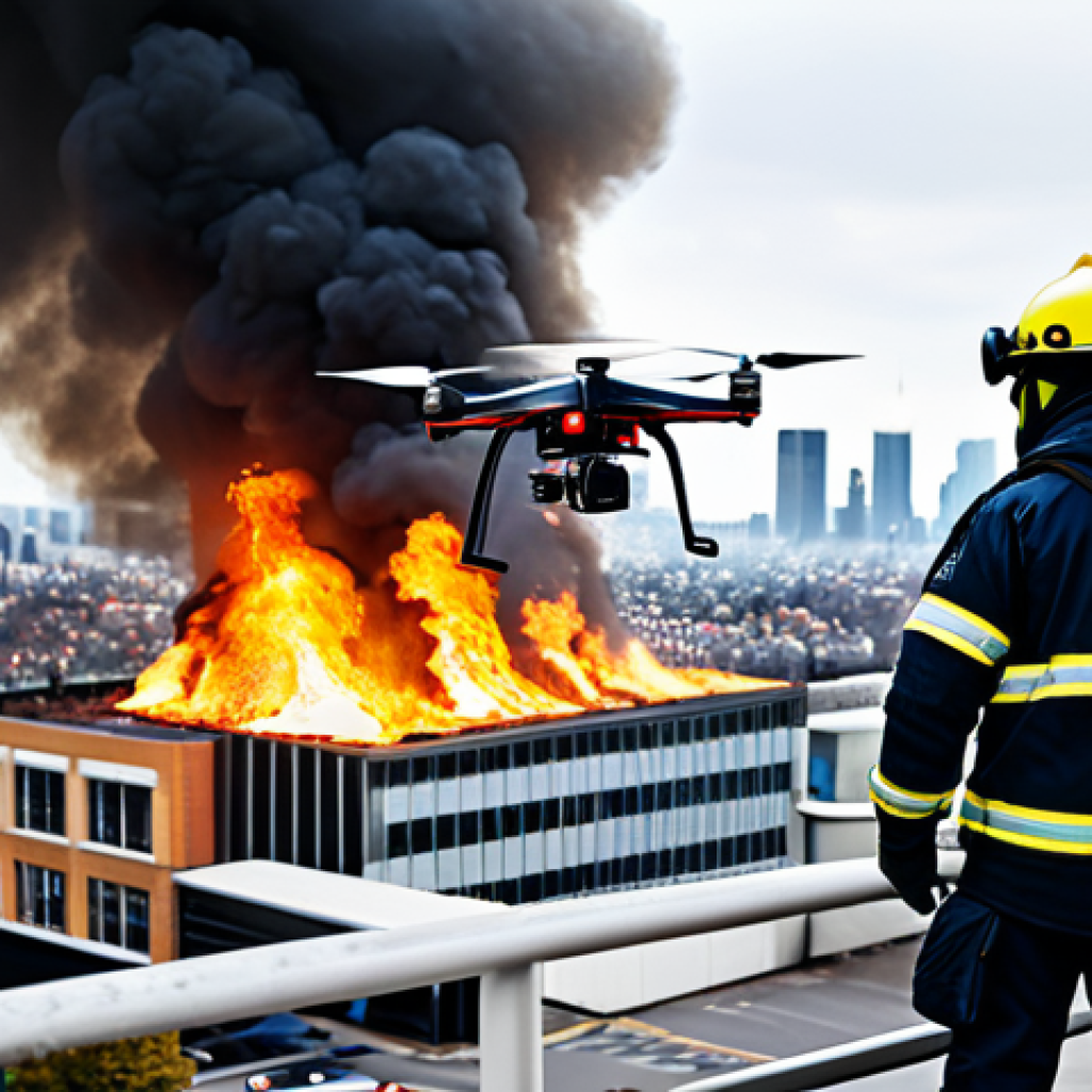 **

"A professional firefighter, fully clothed in appropriate protective gear, using advanced technology like a drone to assess a building fire from a safe distance, modern cityscape in the background, safe for work, appropriate content, perfect anatomy, natural proportions, professional, family-friendly, high-resolution, realistic"

**