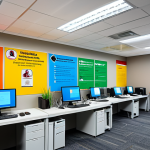 Modern Office Fire Safety**

"A modern, bright office setting with diverse professionals working at computers, fully clothed in professional attire. Smoke detectors and a sprinkler system are clearly visible on the ceiling. Emphasis on fire safety awareness posters on the walls in Arabic. Safe for work, appropriate content, family-friendly, well-lit, professional photography, perfect anatomy, natural proportions."

**