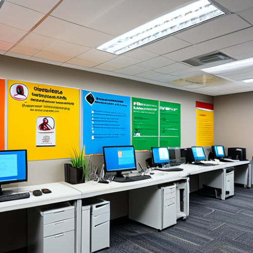 Modern Office Fire Safety**

"A modern, bright office setting with diverse professionals working at computers, fully clothed in professional attire. Smoke detectors and a sprinkler system are clearly visible on the ceiling. Emphasis on fire safety awareness posters on the walls in Arabic. Safe for work, appropriate content, family-friendly, well-lit, professional photography, perfect anatomy, natural proportions."

**