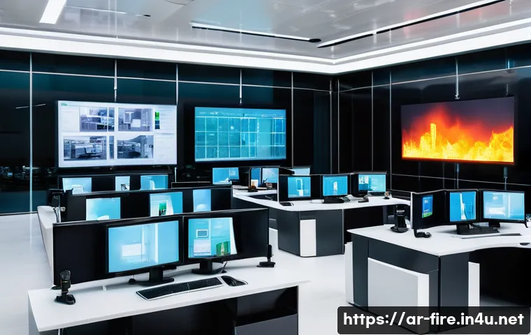 화재안전관리 실무에서의 문제 해결 방법 - **Prompt:** A futuristic, high-tech control center for fire safety in a modern building located in a...
