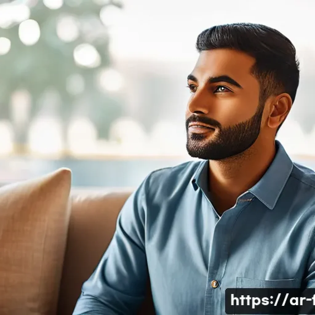 화재안전관리 기술자 직무 스트레스 관리법 - **Prompt:** A serene scene featuring a male Arab fire safety technician in his late 30s, sitting com...