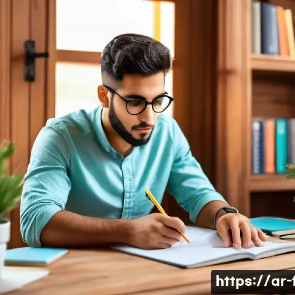 화재안전관리기술자 자격증 시험 준비 경험담 - A focused young Arab man studying at a wooden desk in a cozy home office, surrounded by open books, ...