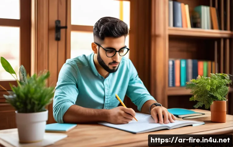 화재안전관리기술자 자격증 시험 준비 경험담 - A focused young Arab man studying at a wooden desk in a cozy home office, surrounded by open books, ...