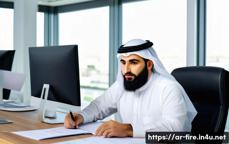 화재안전관리 기술자와 소방안전관리자의 차이 - A professional Arab fire safety engineer in a modern office environment, deeply focused on designing...