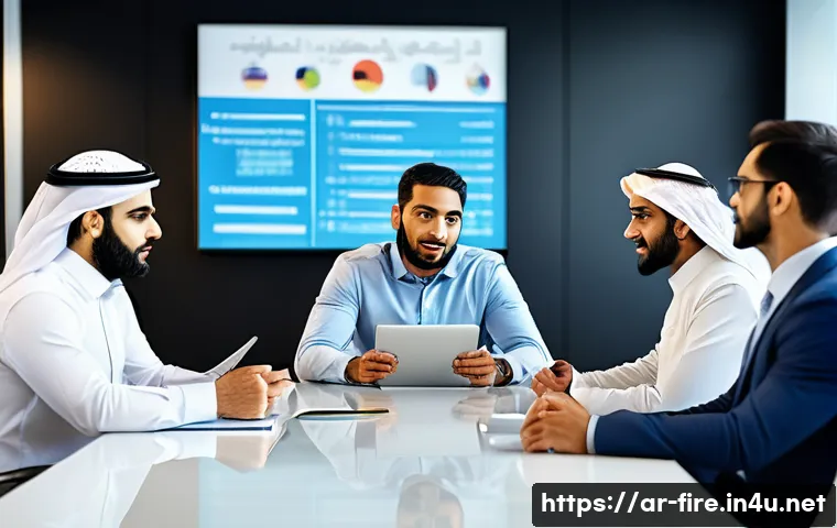 화재안전관리 실무자의 협업과 갈등 관리 - A diverse team of Middle Eastern safety professionals in a modern office setting, engaged in a trans...