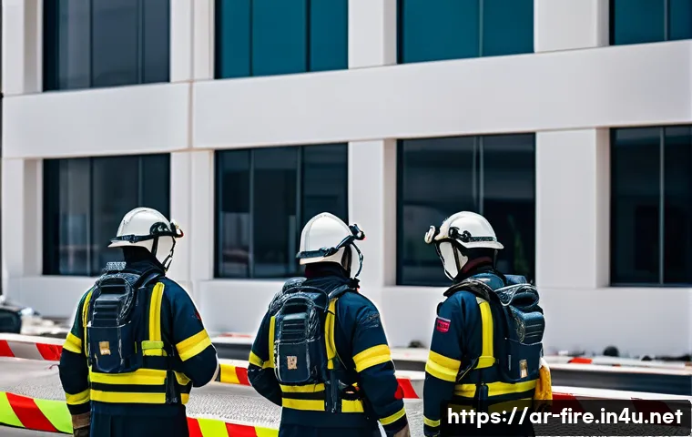 화재안전관리 직무에서의 문제 해결 역량 - A detailed scene of an emergency fire response team in action at a modern Middle Eastern commercial ...
