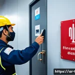 화재안전관리 기술자의 직무에서의 성과 분석 - A professional Arab fire safety engineer wearing protective clothing and a safety helmet, conducting...