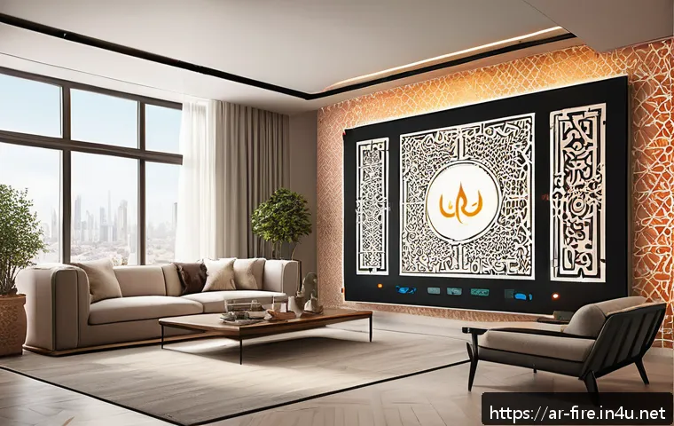 화재안전관리 관련 최신 연구 및 논문 - A modern smart home interior in a Middle Eastern style, featuring advanced AI-based fire detection s...