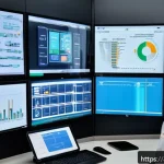 화재안전관리 기술자의 업무 개선 아이디어 - A high-tech fire safety control room in a modern Middle Eastern industrial facility, featuring smart...