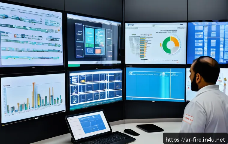 화재안전관리 기술자의 업무 개선 아이디어 - A high-tech fire safety control room in a modern Middle Eastern industrial facility, featuring smart...