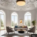 화재안전관리 직무에서의 목표 달성 전략 - A modern Arabic home interior featuring smart fire detection devices installed on the ceiling; the d...
