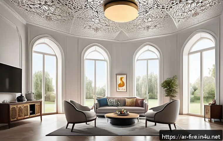 화재안전관리 직무에서의 목표 달성 전략 - A modern Arabic home interior featuring smart fire detection devices installed on the ceiling; the d...