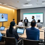 화재안전관리 직무에서의 목표 달성 전략 - A modern office environment in a Middle Eastern corporate building, showing a diverse group of Arabi...