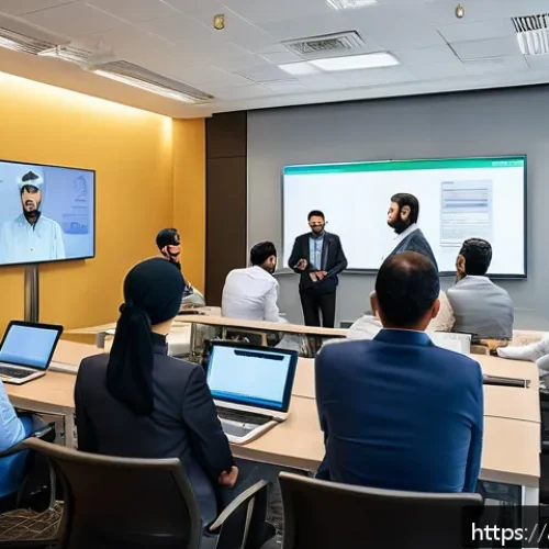 화재안전관리 직무에서의 목표 달성 전략 - A modern office environment in a Middle Eastern corporate building, showing a diverse group of Arabi...