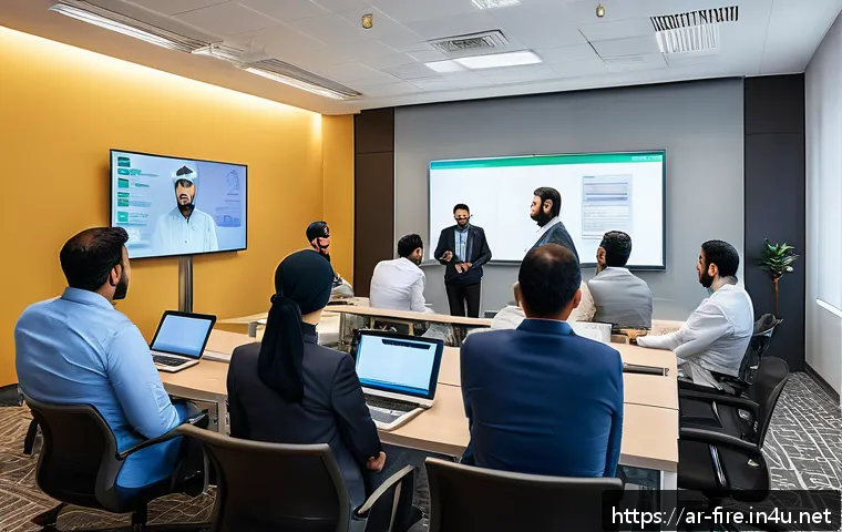 화재안전관리 직무에서의 목표 달성 전략 - A modern office environment in a Middle Eastern corporate building, showing a diverse group of Arabi...
