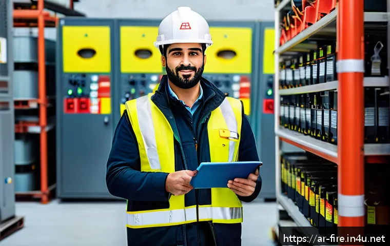 화재안전관리기술자 연봉 수준 비교 - A professional Middle Eastern fire safety expert wearing a high-visibility safety vest and protectiv...
