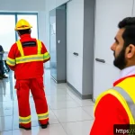 화재안전관리 실무에서의 문제 예방 사례 - A detailed scene inside a modern Middle Eastern office building during a fire safety training sessio...