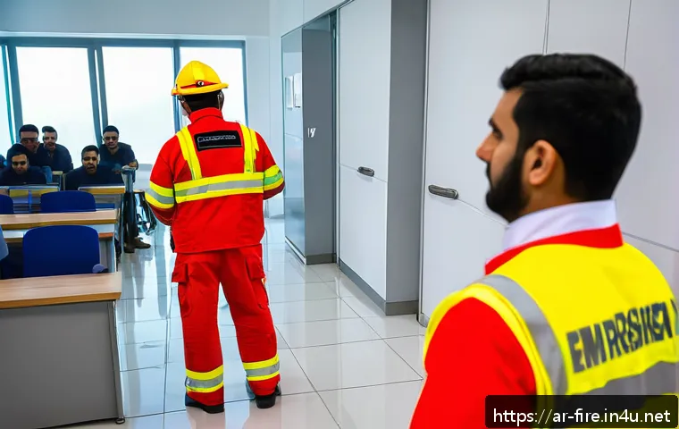 화재안전관리 실무에서의 문제 예방 사례 - A detailed scene inside a modern Middle Eastern office building during a fire safety training sessio...