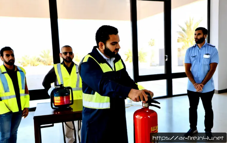 화재안전관리기술자 연수 프로그램 정보 - Photorealistic fire safety technician refresher training in a modern Gulf-region classroom, diverse ...