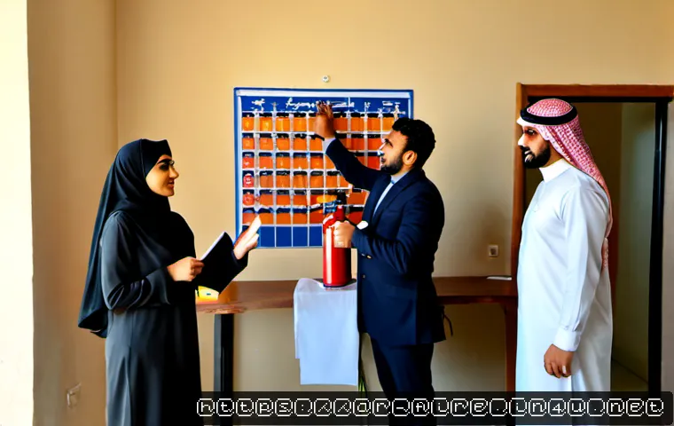 화재안전관리기술자 직무교육 및 연수 일정 - Photorealistic fire safety training classroom in a modern Middle Eastern training center, Arab male ...