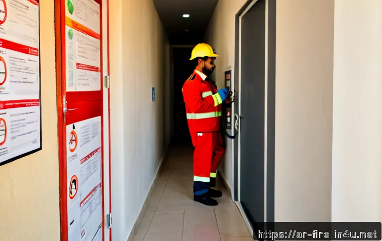 화재안전관리 실무자 필수 체크리스트 - Photorealistic Arab fire safety officer in a neat modest work uniform and hard hat inspecting a mode...