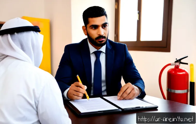 화재안전관리기술자 직무 면접 질문 모음 - Photorealistic fire safety technician job interview in a modern Gulf-region office, confident Arab m...