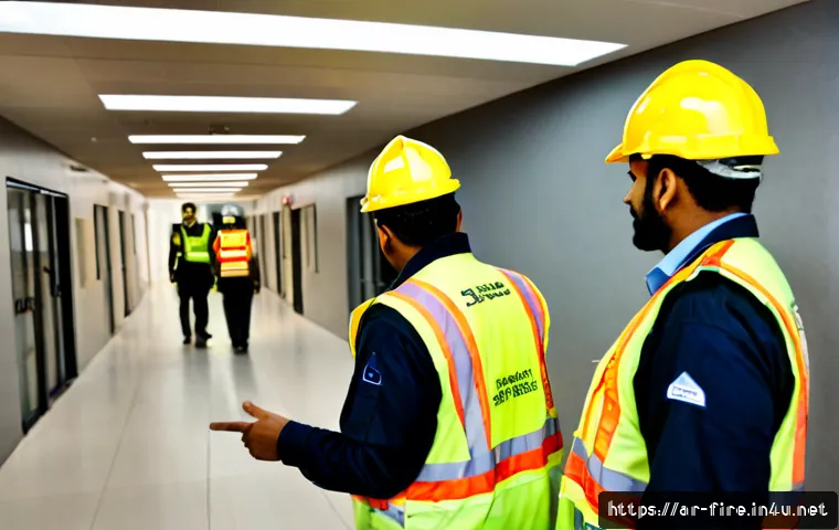 화재안전관리 분야에서 필요한 리더십 스킬 - Photorealistic fire safety manager leading a diverse Arab emergency response team through a modern c...